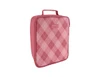 A pink, insulated lunch bag with a checkered pattern and a handle, featuring a logo on the front.