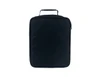 A black insulated lunch bag with a zip closure and a handle on top. It features a logo on the front.
