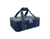 A navy insulated bag with a zippered closure and sturdy carry handles, featuring a branding logo.