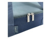 A dark blue insulated bag features a zip opening and a logo tag on the side.