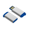 A silver and blue flash drive with a removable cap and a USB connector. It features a sleek, metallic design.