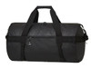A spacious black duffle bag featuring robust handles and a secure zipper, with an exterior pocket and a logo.