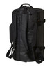 A black duffle bag with adjustable straps and a zippered main compartment. It features a logo.