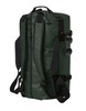 A green duffle bag with a zippered opening, shoulder straps, and a logo, featuring a sleek, durable design.