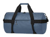 A blue duffle bag with black straps and a zipper closure, featuring a logo on the side.