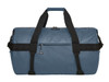 A blue duffle bag with black straps and a zippered pocket, featuring a logo on the side.