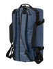 A blue duffle bag with black straps and a logo, featuring two zip compartments and adjustable shoulder straps.