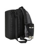 A black and grey laptop bag with adjustable straps, featuring a drink bottle holder on the side.