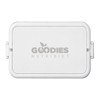 A white lunchbox with two compartments and a logo on the front.