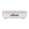 A white double tray lunchbox with a secure lid and a logo on the front.