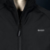 A black Swiss Peak Urban Softshell Jacket featuring a zip front and a logo on the chest.