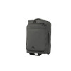 A grey wheeled duffle bag with zippers and a handle, featuring a logo on the front.