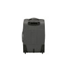 A grey wheeled duffle bag featuring a handle and wheels for easy transport. Includes a logo on the front.