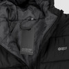 A black puffer jacket featuring a zip-up front, hood, and logo detailing on the chest and inner lining.
