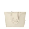 A cream beach tote bag with thick rope handles, featuring a logo.