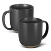 A set of two dark grey ceramic mugs with a textured finish and a contrasting base. Each mug has a handle and a logo.