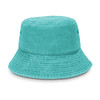 A teal bucket hat with a wide brim, featuring a textured fabric and eyelets for ventilation.