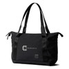 A black tote bag with dual handles, featuring a logo on the front and a zippered closure.