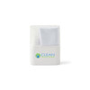 A white spray bottle with a fabric cloth attached, featuring a logo on the front.