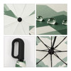 A green and white umbrella with a black carabiner and handle, featuring water droplets on the canopy fabric.