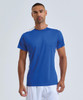 A blue performance t-shirt with white shoulder accents and a logo, featuring a fitted design on a male model.