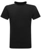 A black performance t-shirt with white contrast detailing on the shoulders and a logo.