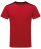 A red performance t-shirt with black shoulder accents and a logo on one side.