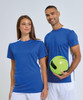 A blue Contrast Performance T-Shirt featuring white accents, worn by a male and female model, with a green soccer ball.