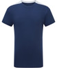 A kids' performance t-shirt in navy blue with contrasting white shoulder panels and a small logo.