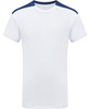 A white performance T-shirt with navy contrast on the shoulders and neck. The shirt has a simple, unbranded design.