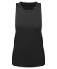 A black tank top with a sleeveless design and a round neckline, featuring branding on the label.