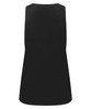 A black tank top with a sleeveless design and a smooth, simple cut, featuring a logo on the back.