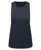 A dark navy sleeveless tank top with a round neckline and a branding logo.