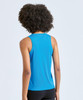 A blue tank top featuring a fitted design, showing the back view with styled hair peeking out.