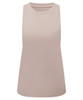 A light pink tank top featuring a sleeveless design and a simple, clean silhouette. It has a logo on it.
