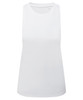 A white tank top with a sleeveless design and a logo at the neckline.