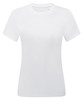 A white T-shirt with short sleeves, featuring a round neckline and a logo on the label.