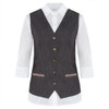 A dark denim vest with a fitted silhouette, featuring a button closure and pockets, layered over a white shirt.
