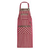 A red and cream striped apron featuring multiple pockets and a brown leather trim, complete with a logo.