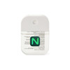 A transparent 35ml spray sanitiser with a white cap and a green logo on the front.
