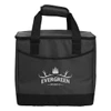 A 36-can cooler in black, featuring a handle and a logo on the front. Ideal for keeping beverages cool.