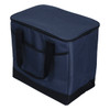 A navy blue 36-can cooler with a zipped lid and black handles, featuring a textured exterior.