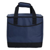 A drink cooler in navy blue with black accents and sturdy handles, featuring a logo on the front.