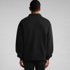 A black relaxed-fit collared crew jumper with a simple design and a logo at the back.