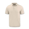 A beige men's polo shirt featuring a collared neckline and three buttons. The shirt has a logo on it.