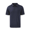 A navy blue men's polo shirt with a collar and three buttons, featuring a logo on the chest.