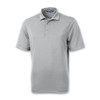 A light grey short-sleeved men's polo shirt with a collar and three buttons, featuring a logo.
