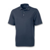 A navy blue short-sleeved polo shirt with a collar and a logo.