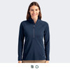 A navy half-zip women's pullover with a collar and a logo on the chest.