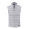A grey, sleeveless hybrid vest with a front zipper and a logo on the hem.